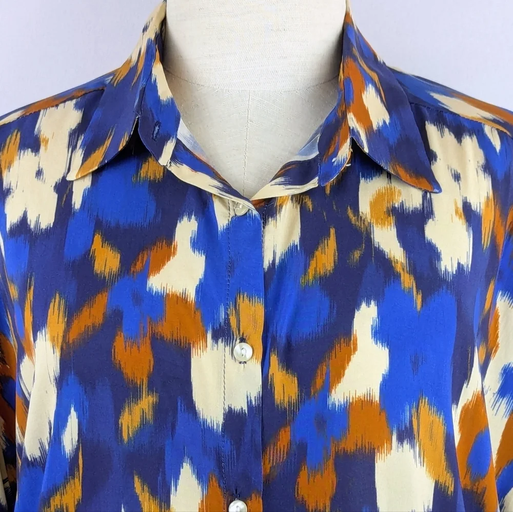 ANNA KAY Button Front Blouse Top Long Sleeve Spread Collar Abstract Print Blue L - Picture 3 of 11